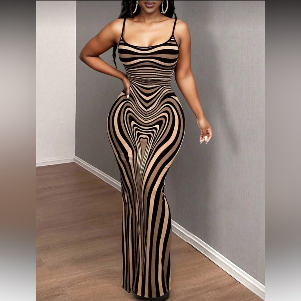 Elegant Black and Tan Striped Maxi Dress